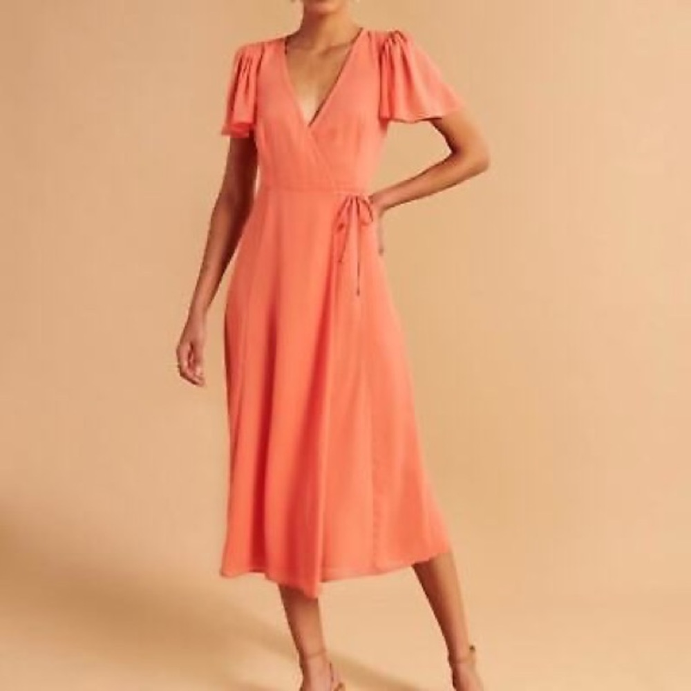 NWT! Abercrombie & Fitch Pink Peach Angel Sleeve Wrap Midi spring summer Dress L
